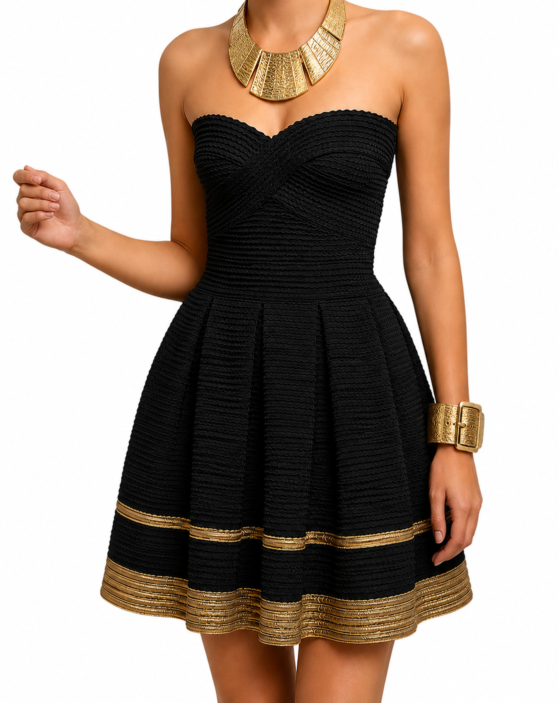 Alythea Black & Gold Strapless Fit & Flare Cocktail Dress Sz S/M