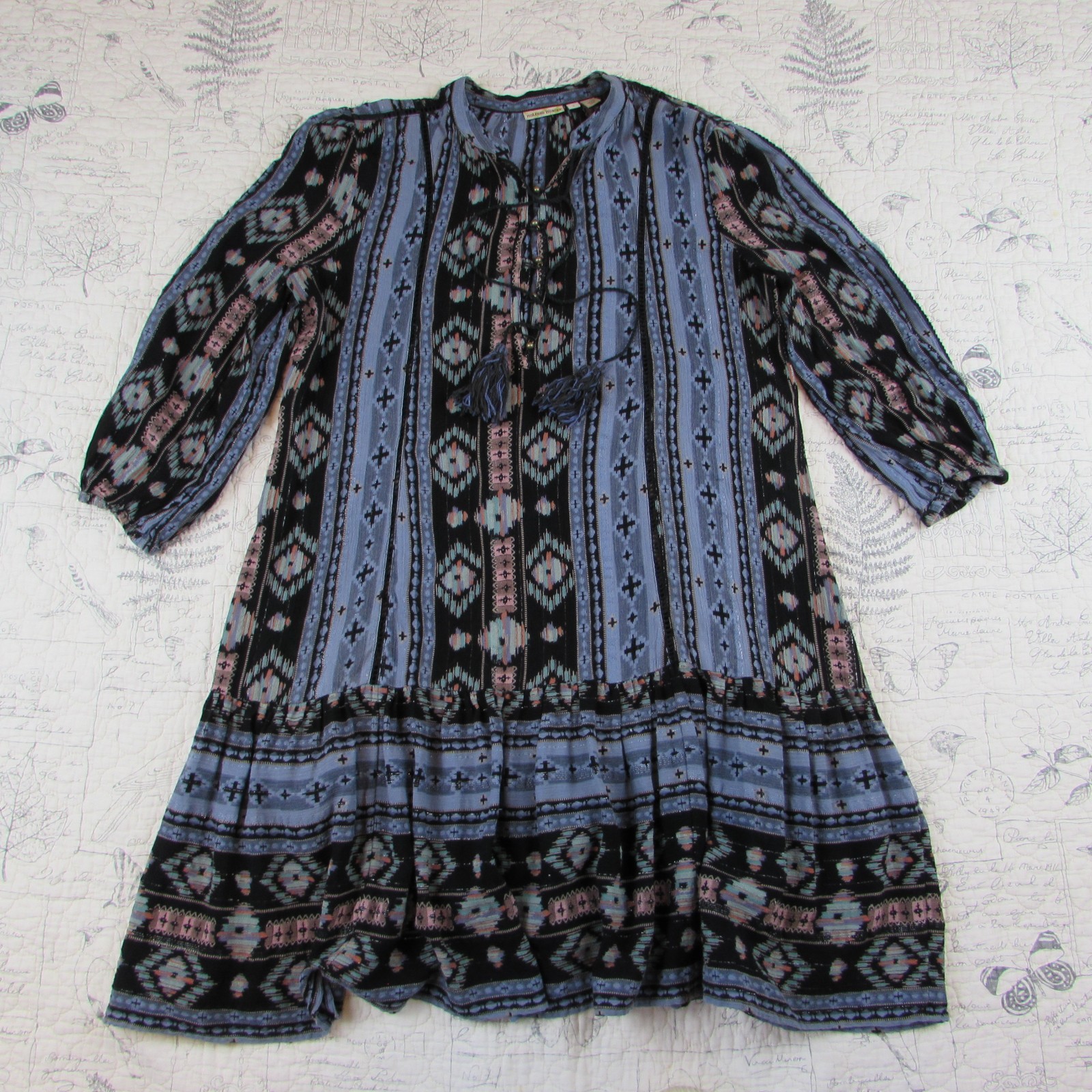 Spring ANTHROPOLOGIE Holding Horses Winter Moon Dress Womens IKAT Blue Boho S