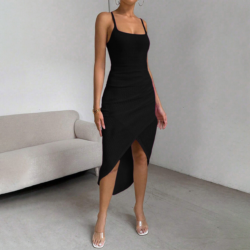 Women Sleeveless Square Neck Bodycon Dress Ladies Strappy Party Split Dresses