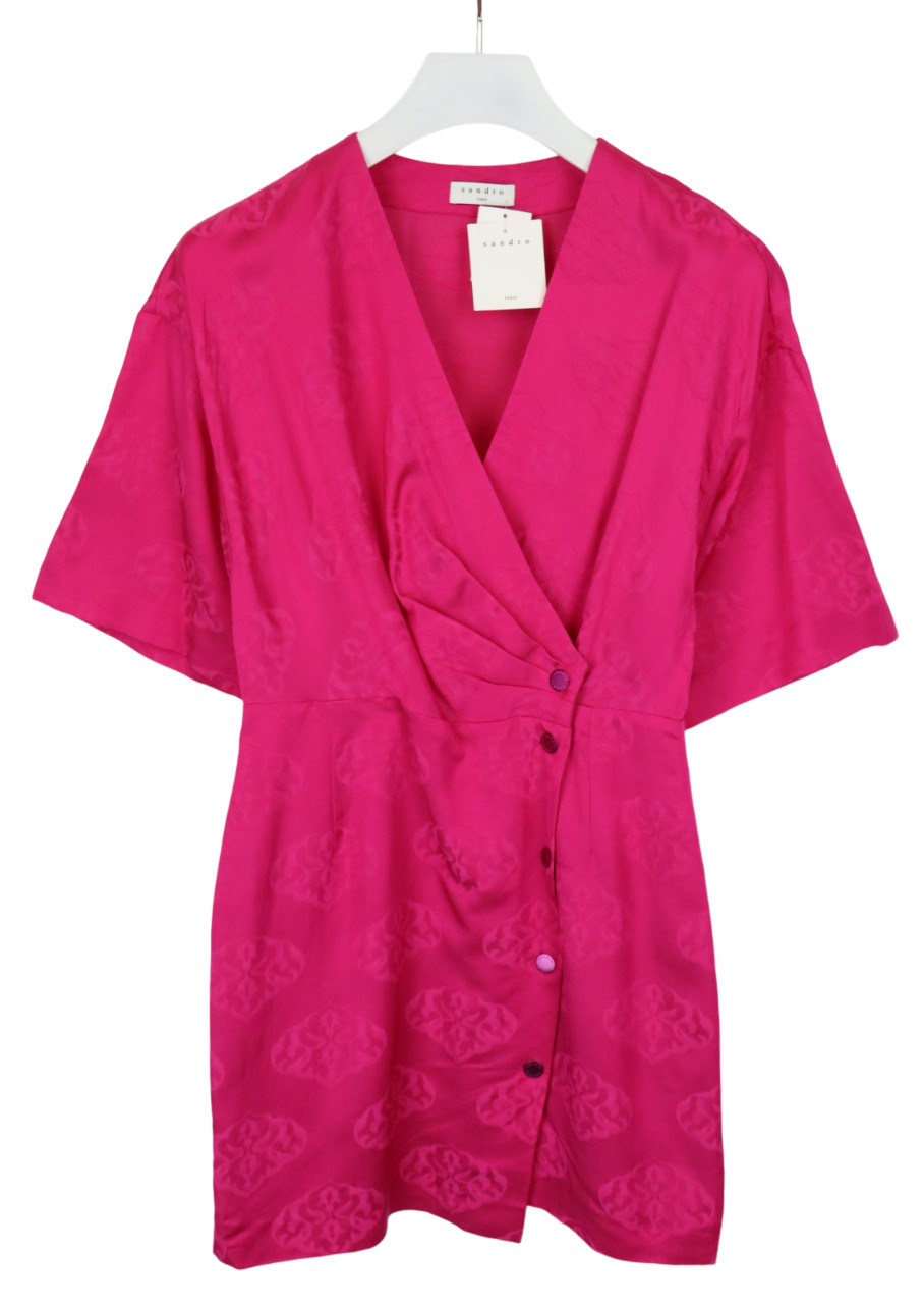 SANDRO Harpie Dress Womens (EU) 40 Jacquard Wraparound Linen Blend V Neck