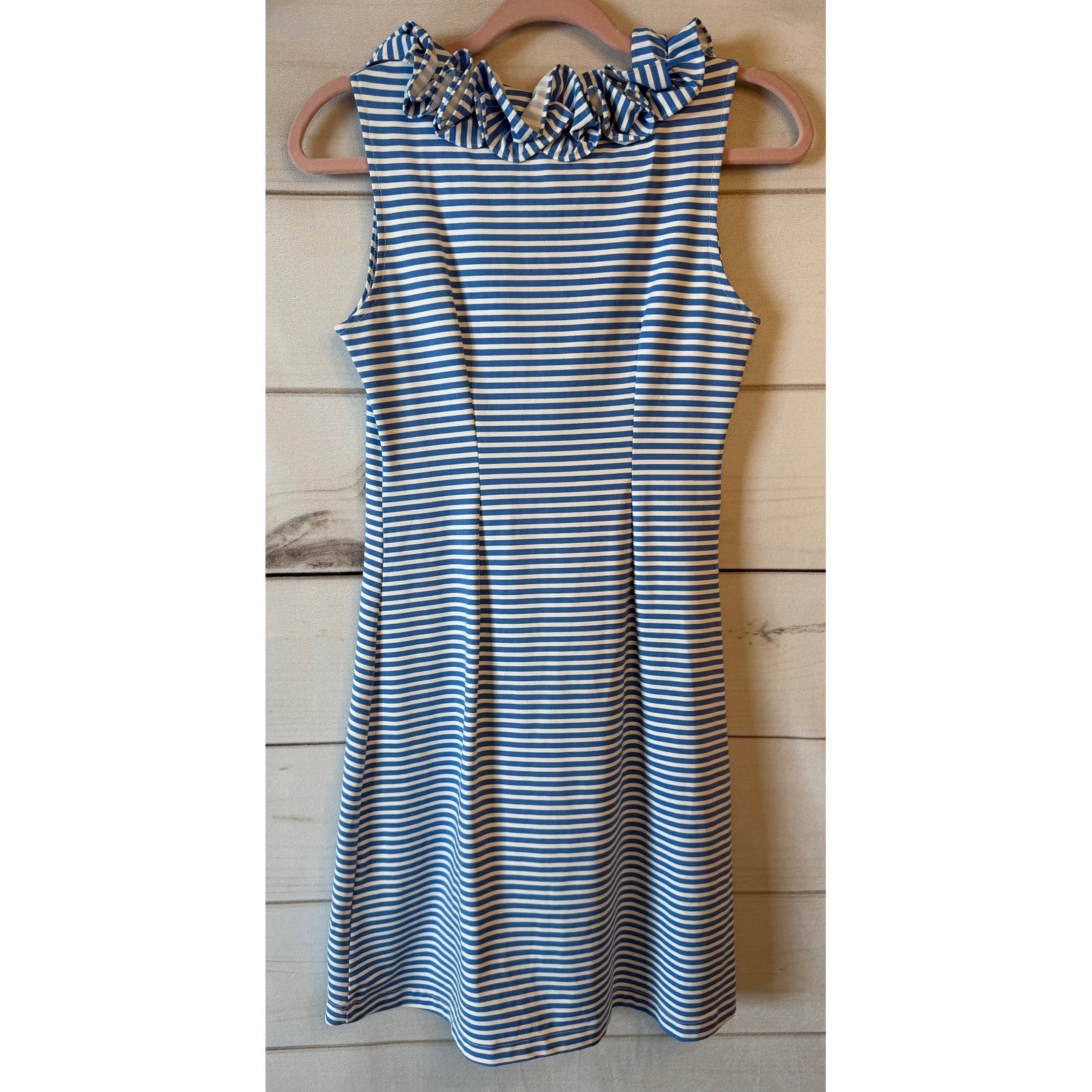 Sailor-Sailor Blue White Striped Ruffle Neck Sleeveless Shift Dress Womens XS