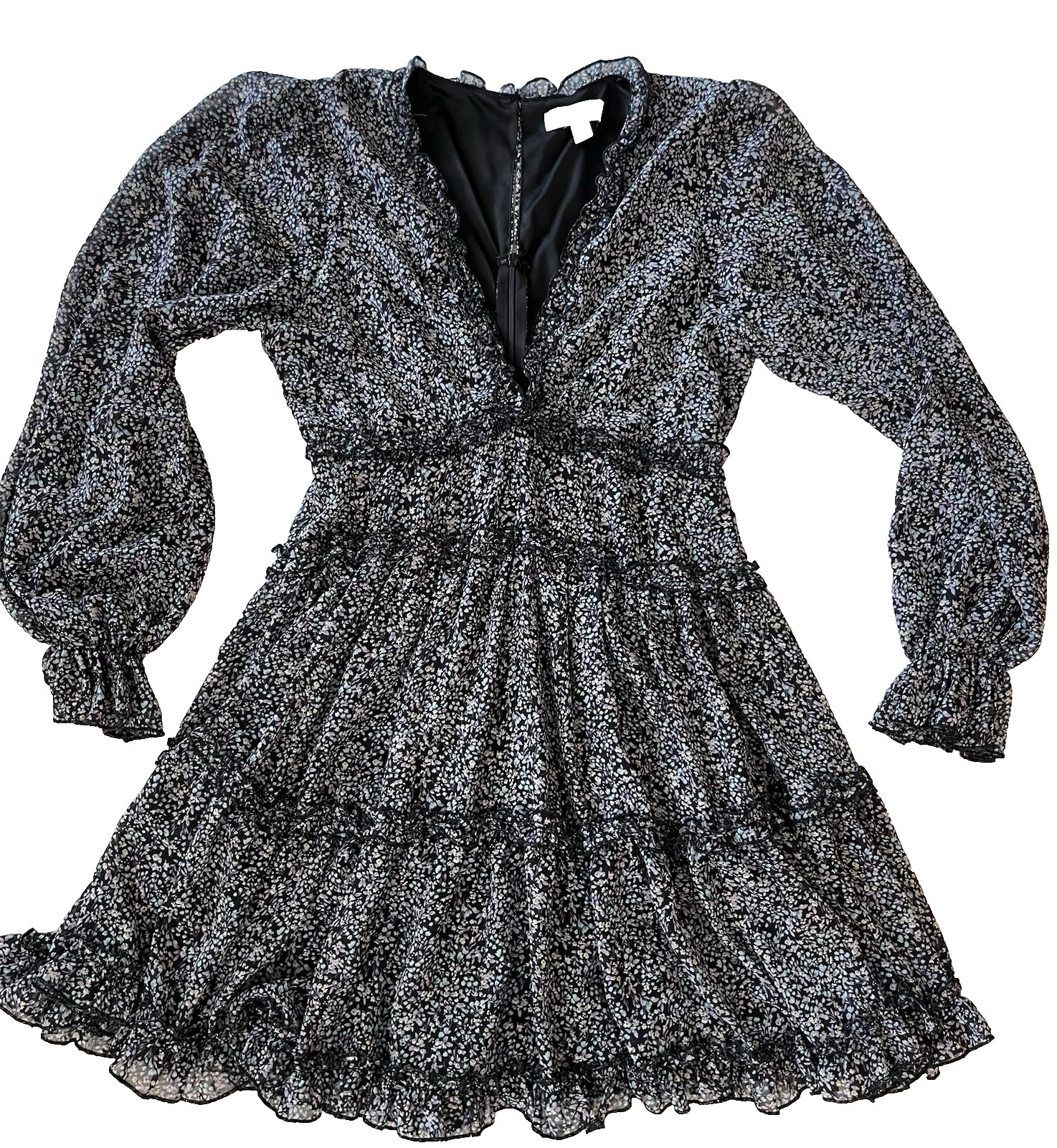 She & Sky Floral Navy Blue Cottagecore Peasant Ruffled V-Neck Mini Dress (Small)