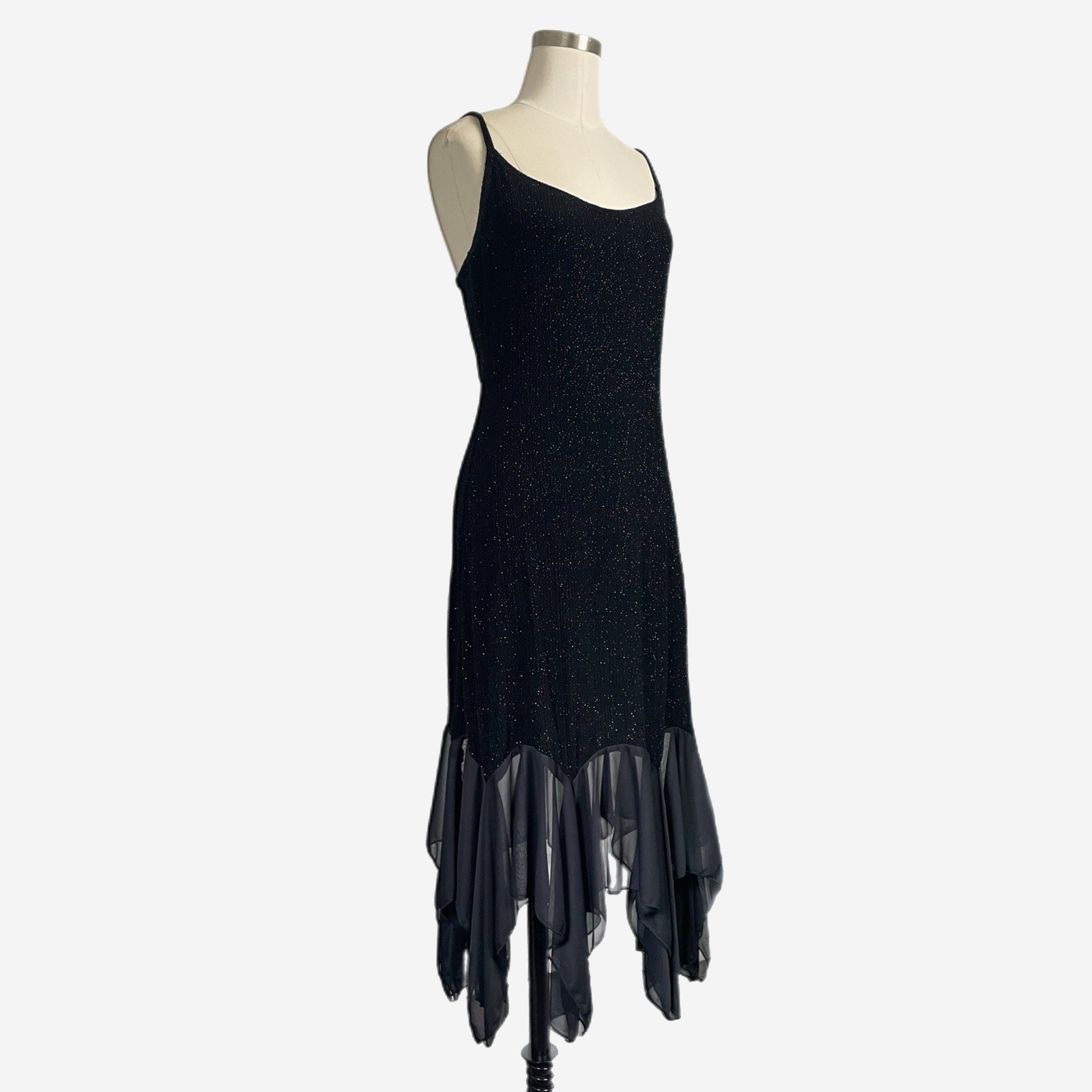 Vintage Y2K Onyx Nite Black glitter dress handkerchief hem holiday sparkle M