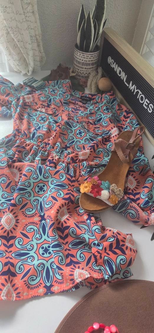 Geometric Paisley Pink/Blue Print 3/4 Sleeve Elastic Waist Midi Summer Dress S