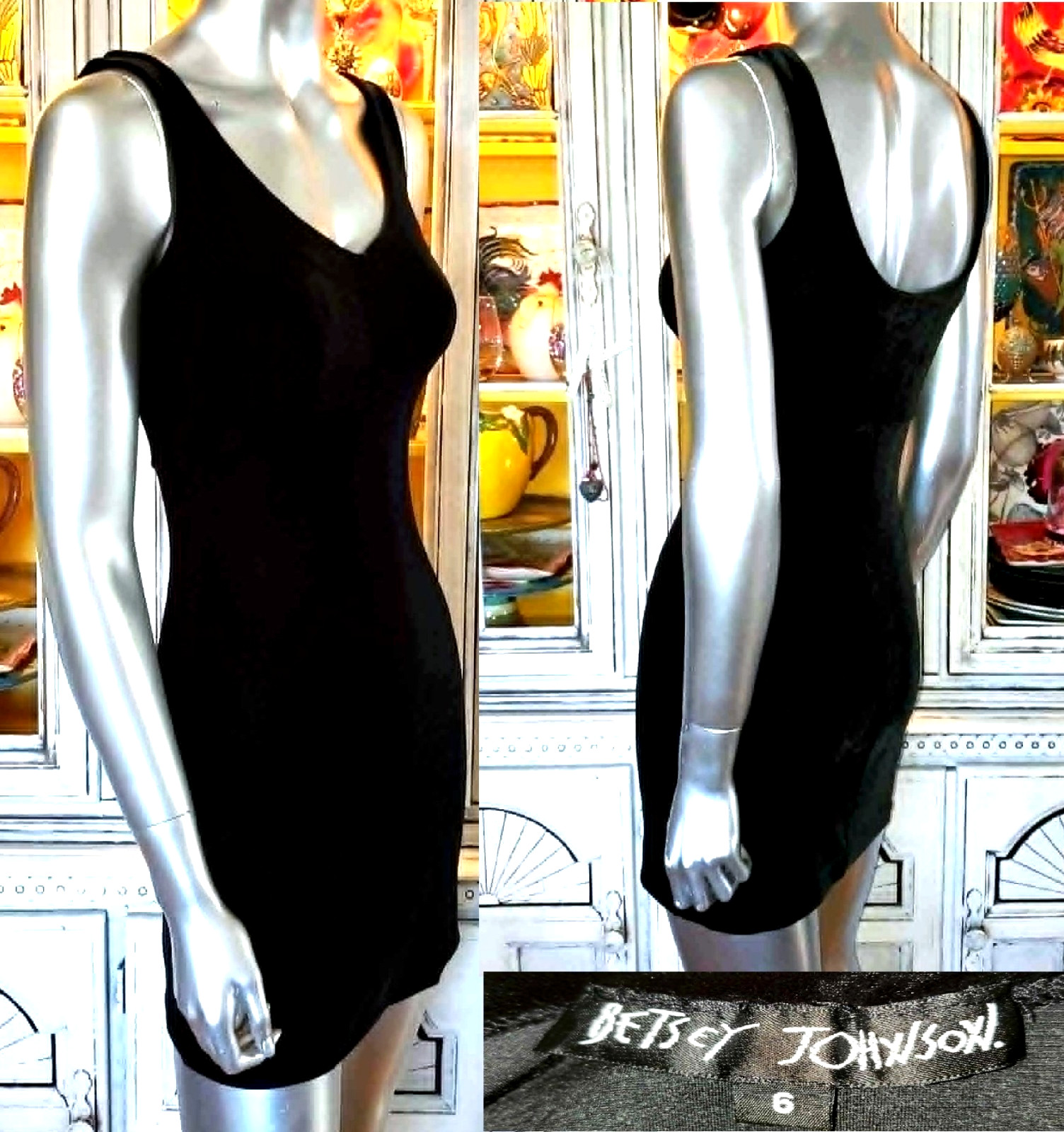 Betsey Johnson Slip Dress Vintage Black Label 90s Y2K Black Stretch Velvet Sz 6