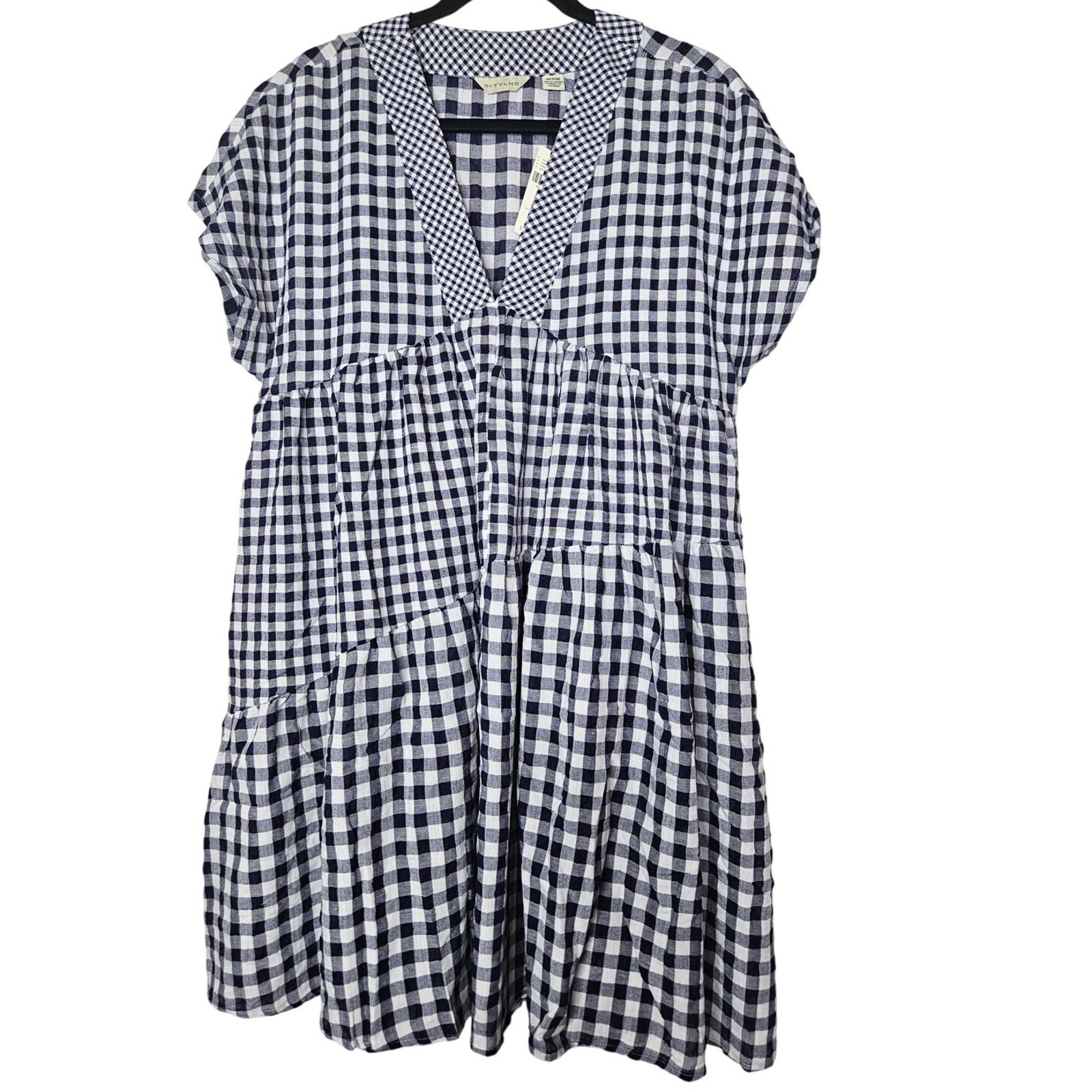 NEW Anthropologie XS 11 1 TYLHO Navy Blue Gingham Check Swing Dress Cottage
