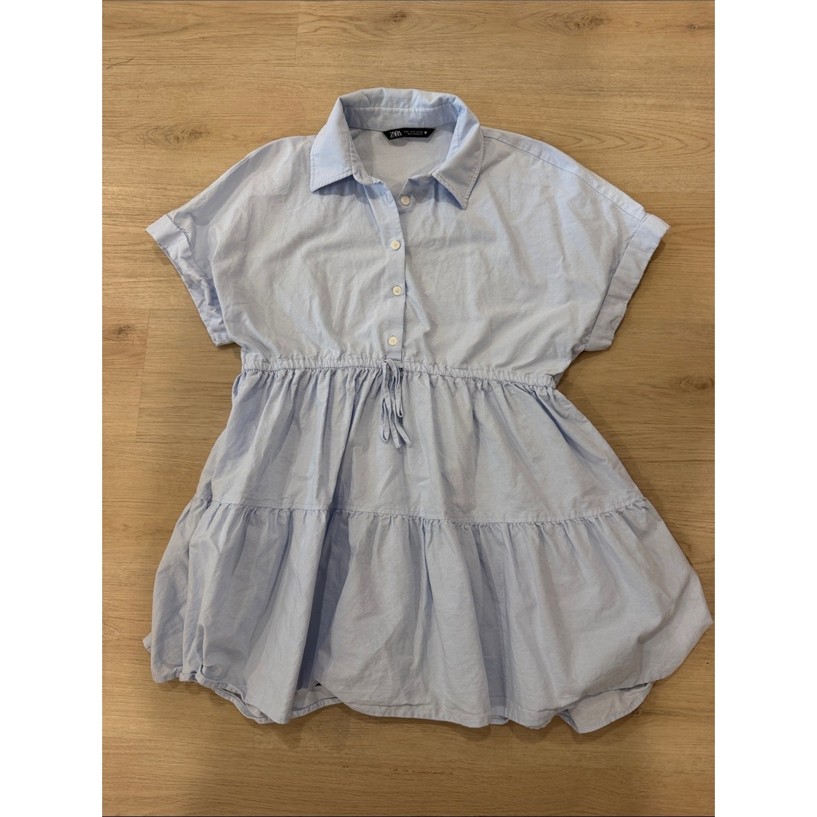 Zara Small Pale Blue Tiered Button-Front Drawstring Dress