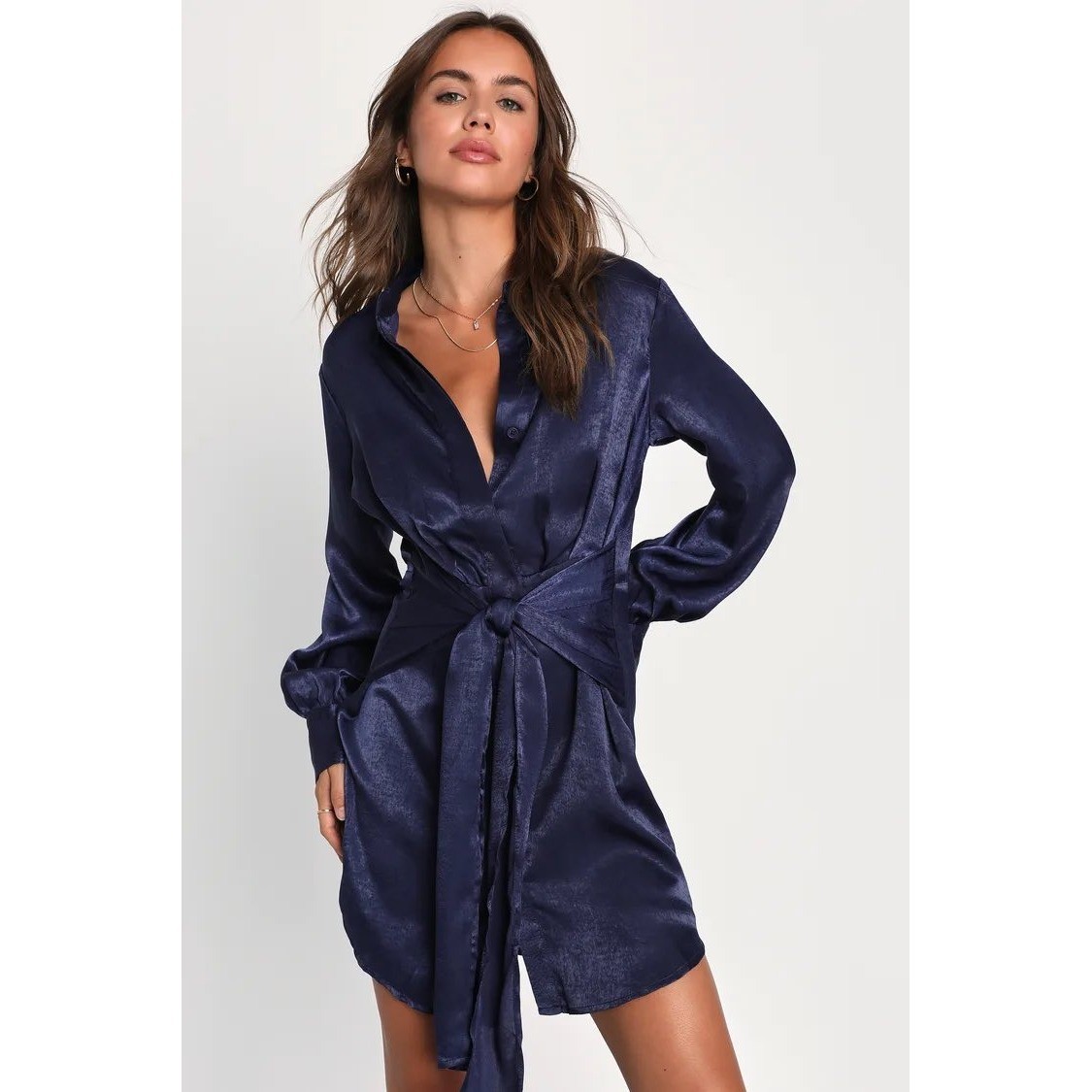 Lulus | Navy Day in the City Satin Long Sleeve Button Front Mini Dress