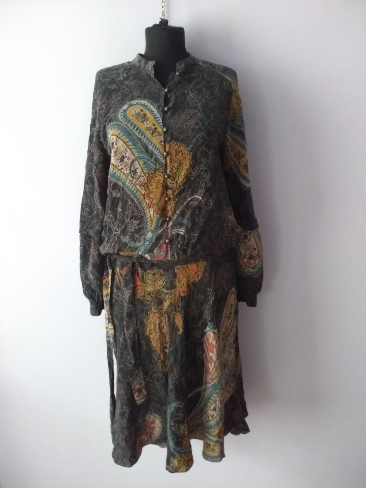 Vintage Monsoon Brown Floral Silk Bias Cut Midi Dress Long Sleeve UK 14 US 10