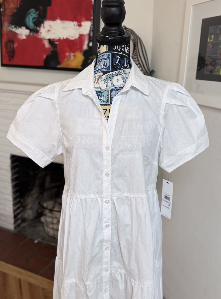 Calvin Klein White Collared Button Short Sleeve Maxi Shirt Dress 100% Cotton 6