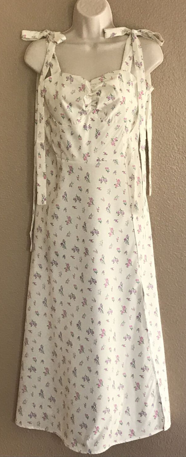 WOMEN’S SIZE M YELLOW FLORAL SUNDRESS TIE SHOULDERS POCKETS SIDE SLIT BY HUJOIN