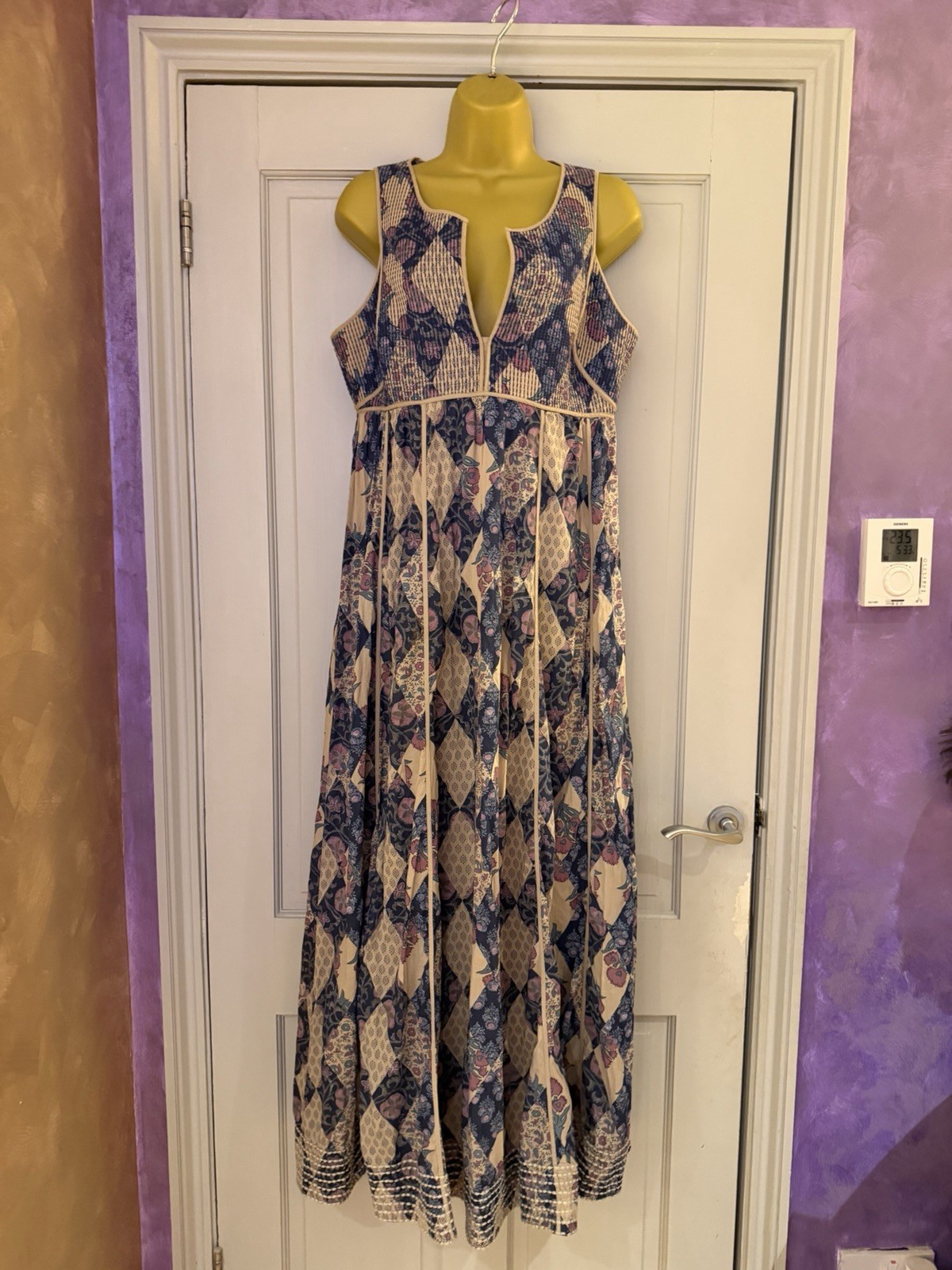 Vintage Indian 70s Afghan style boho quilted hippy dress M cotton harlequin maxi