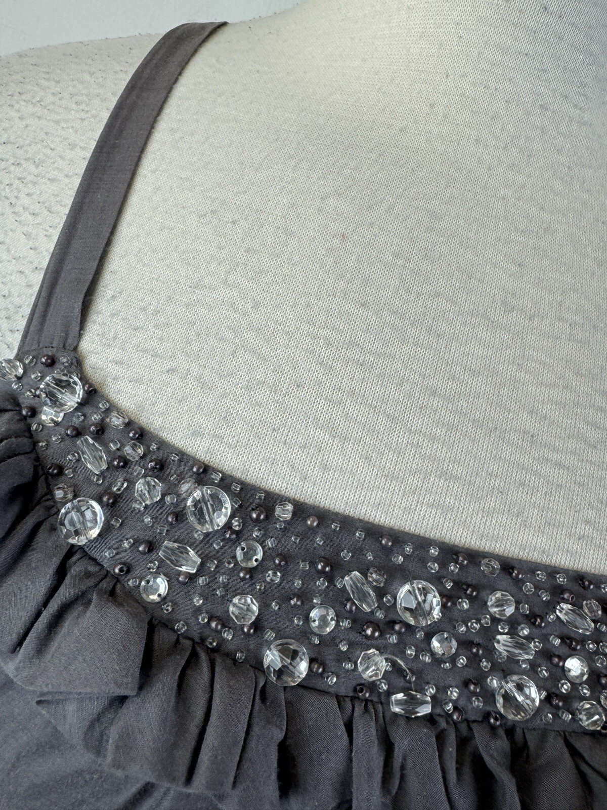 Gray White Sequin Beaded Ruffle Mini Dress Fairy Boho Hippie Y2K Formal Romantic