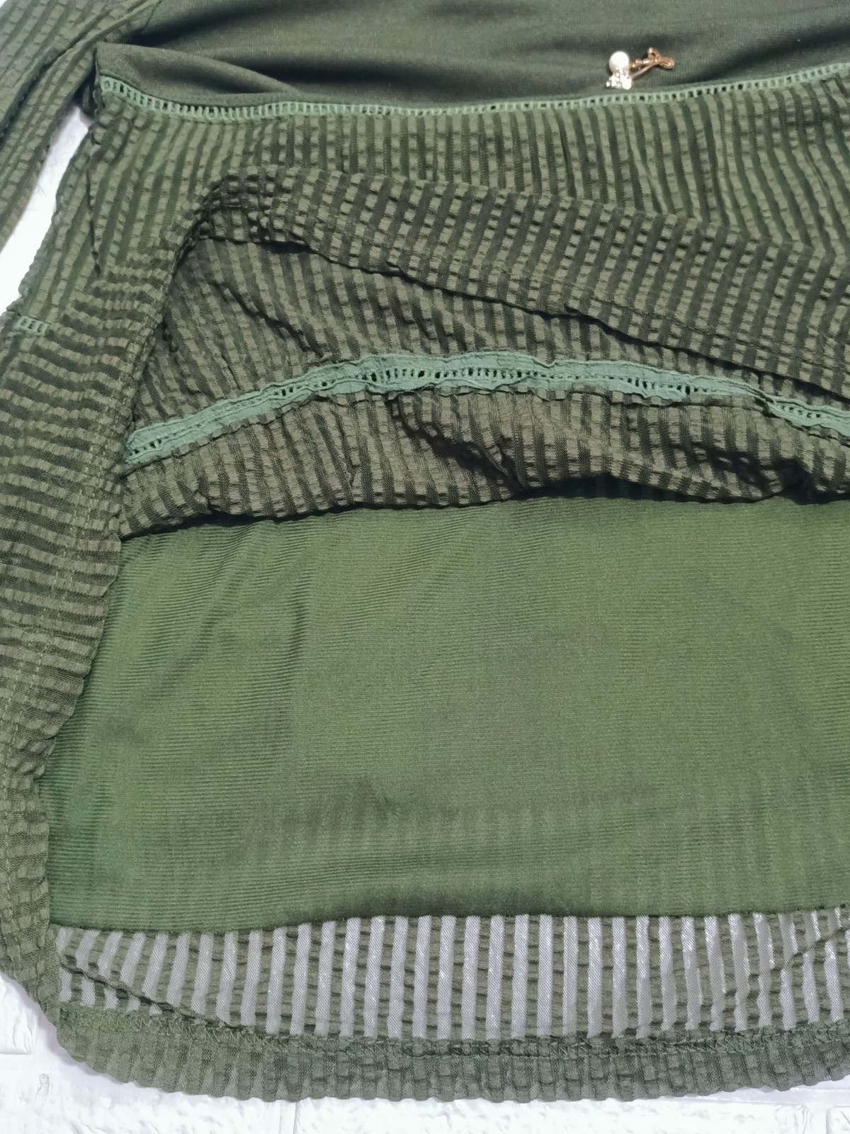 Olive Green | M | Polyester Elastane | Tiered Lace Mesh Sleeve Tunic Dress