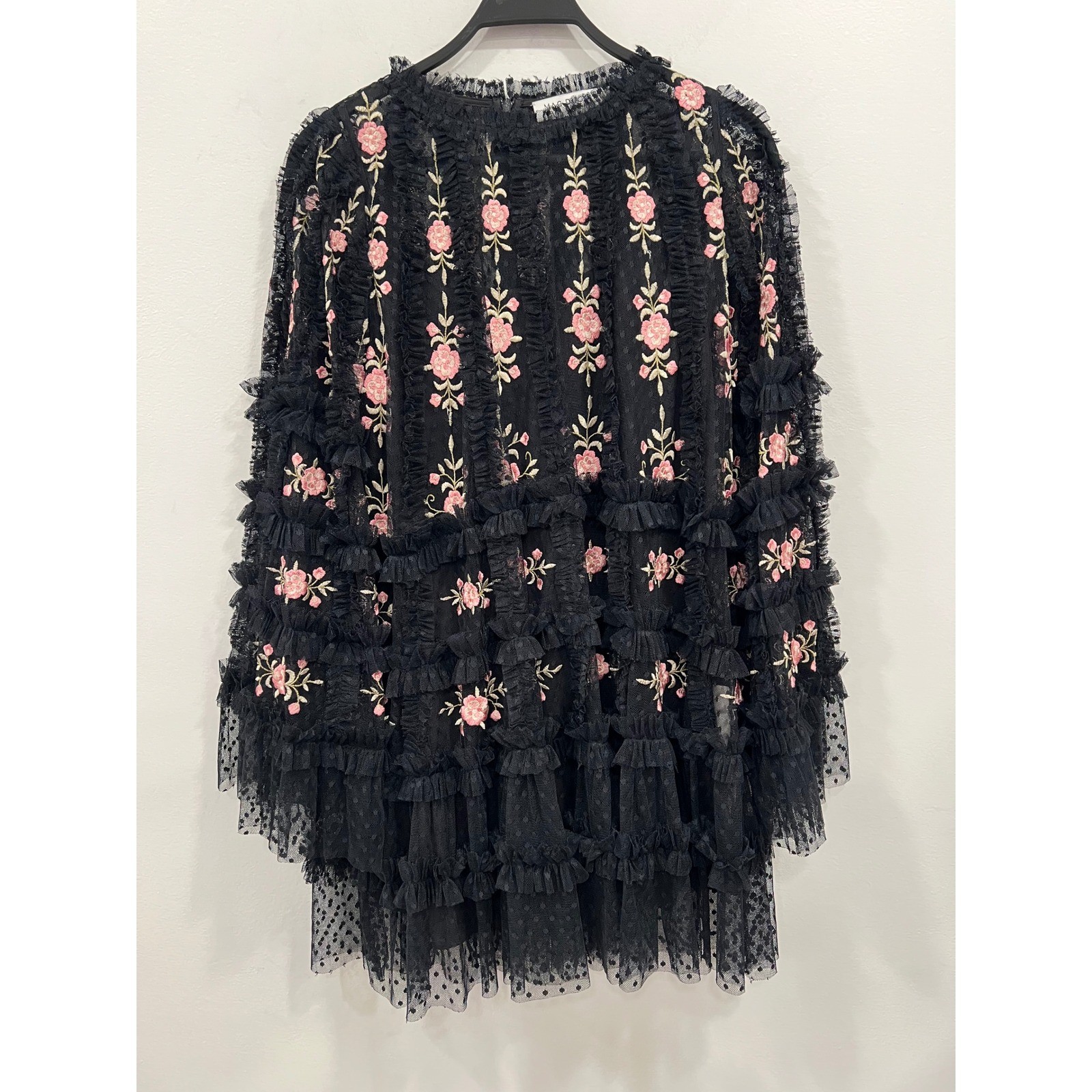 Mac Duggal Mini Dress Womens 8 Black Pink Floral Embroidered Tulle Tiered Ruffle