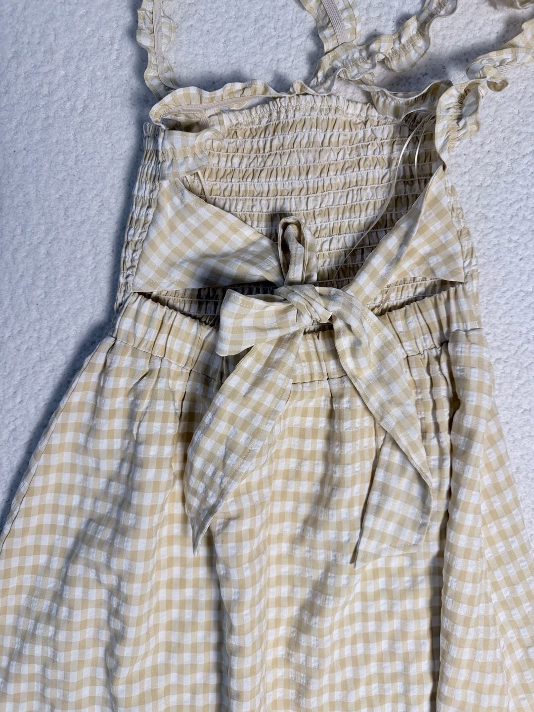 Le Lis Collection Yellow White Gingham Seersucker Smocked Midi Dress Tie Back