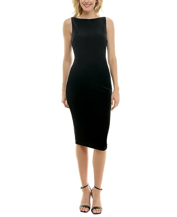 B Darlin Juniors’ Imitation-Pearl-Trim U-Back Velvet Midi Dress, BLACK, SIZE-3/4