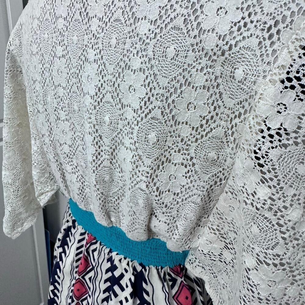 Flying Tomato Mini Dress Medium White Blue Pink Lace Boho Festival Tribal