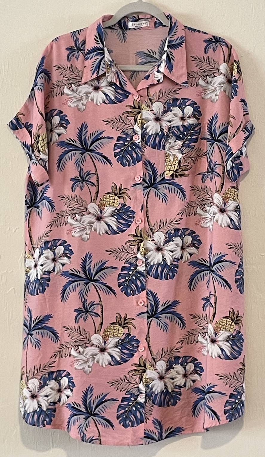 NWOT EKOUAER Beach Dress Woman Sz L Short Sleeves Buttons Light Pink Hawaiian