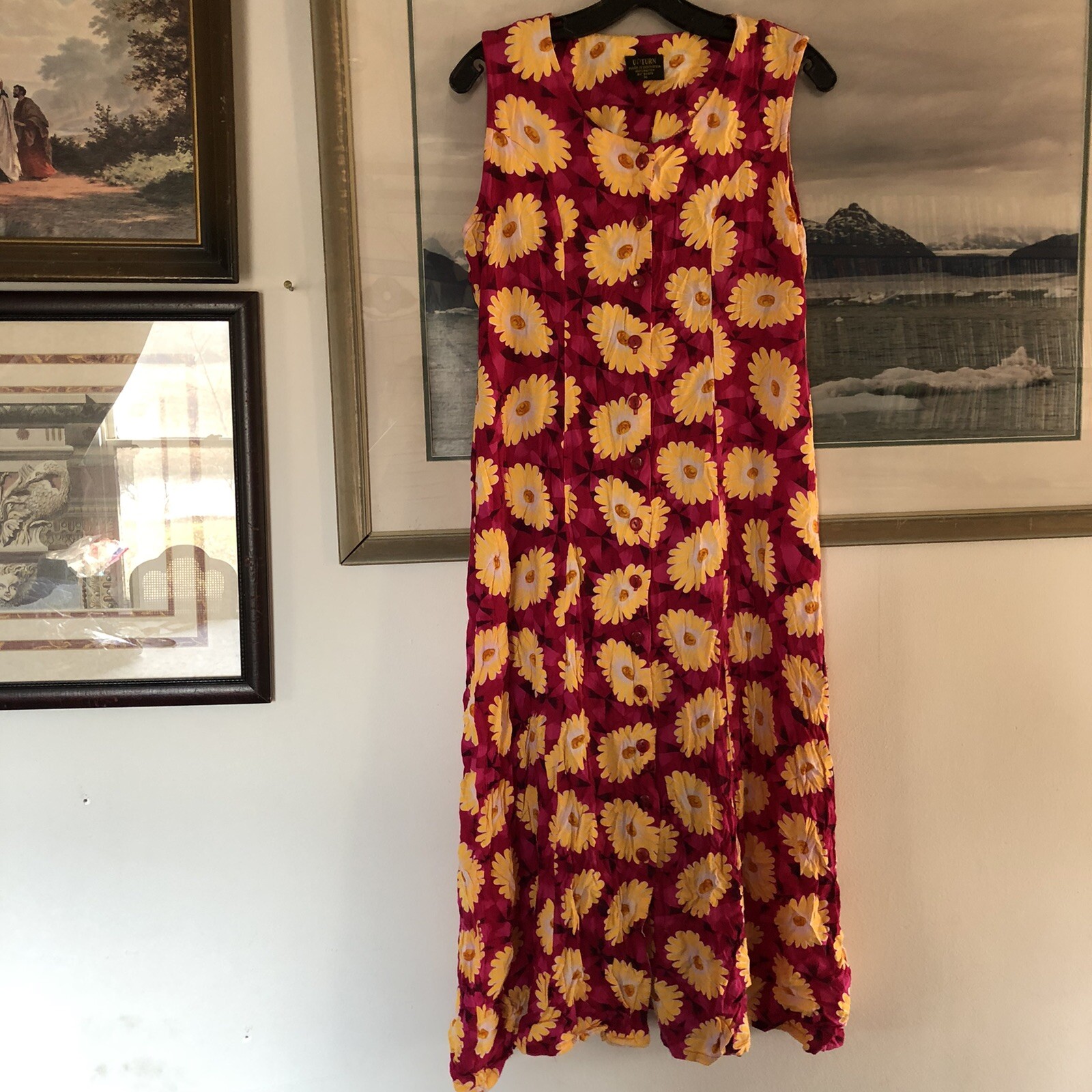 U Turn Pink Yellow Floral Sleeveless Button Front Midi Dress Sz M A570