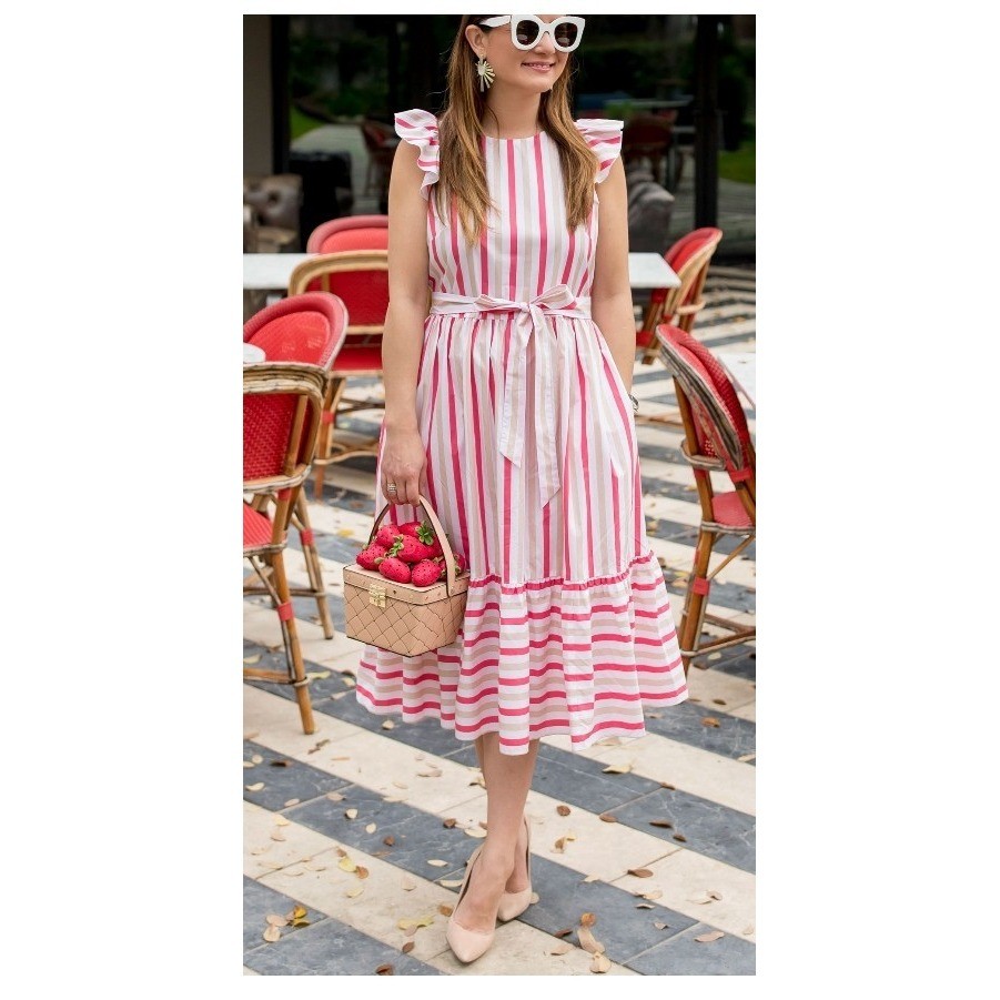 Kate Spade New York Pink Striped Ruffle Sleeve Midi Dress with Belt Size 2