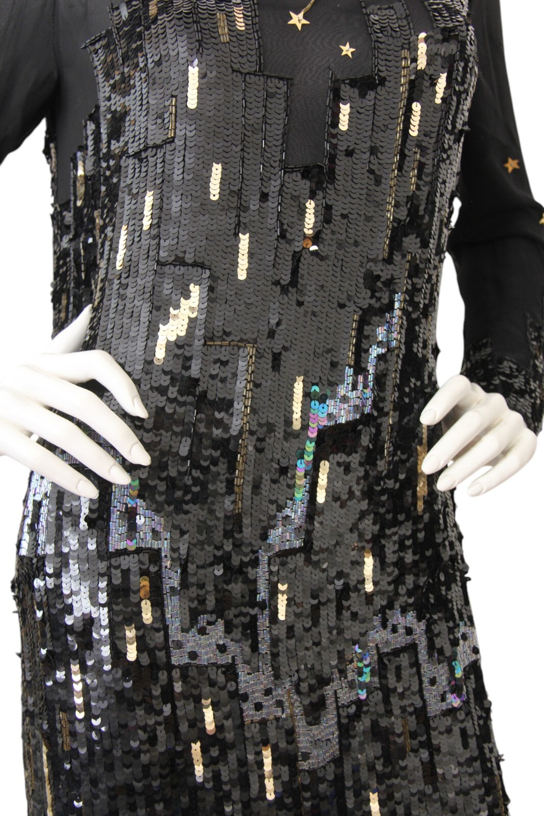 Vintage Tadashi Dress Sequin Beaded Silk Skyline Star Applique Gown Size 8 RARE