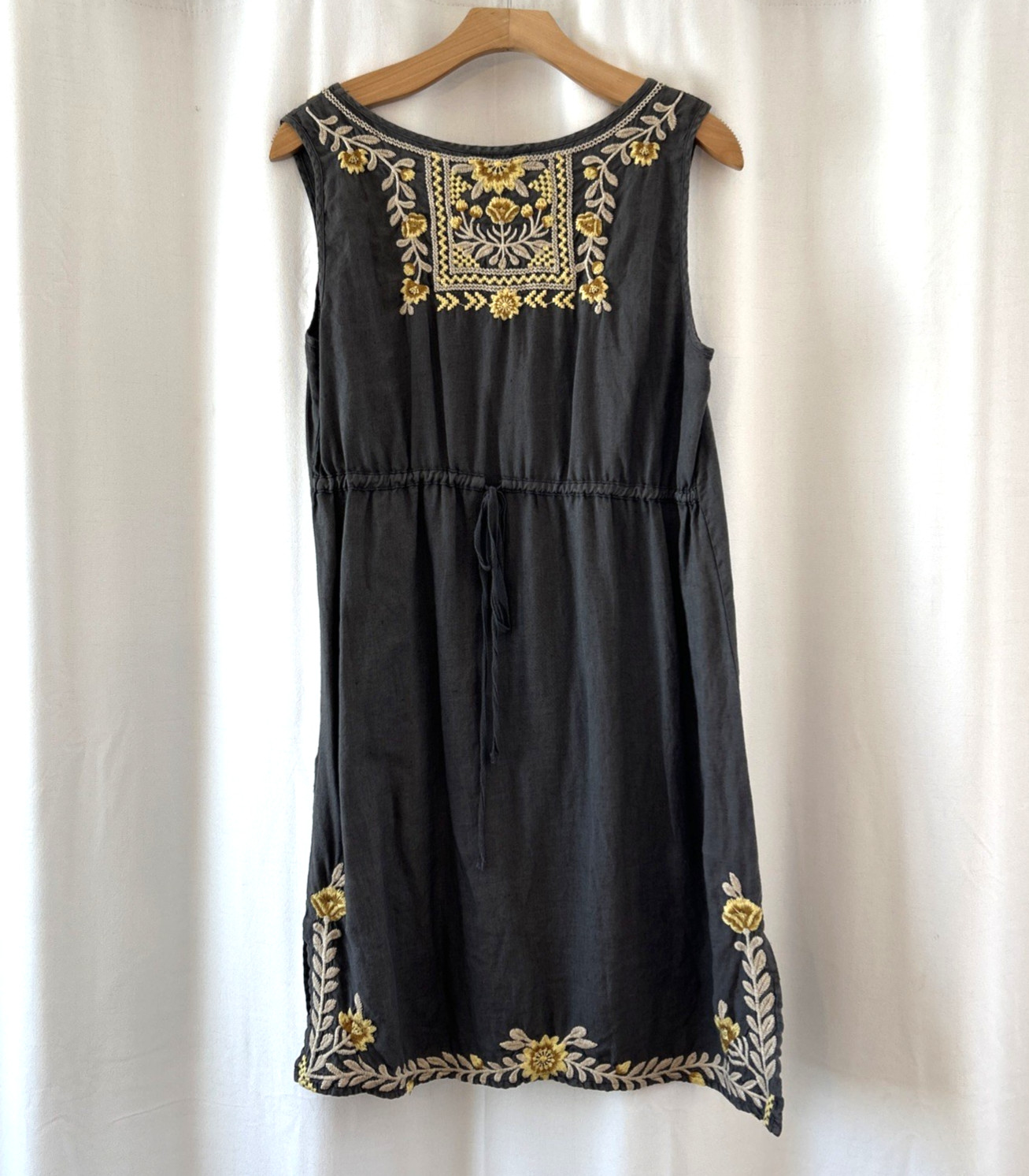 Johnny Was Embroidered Linen Tunic Dress Womens S Gray Floral Boho Sleeveless