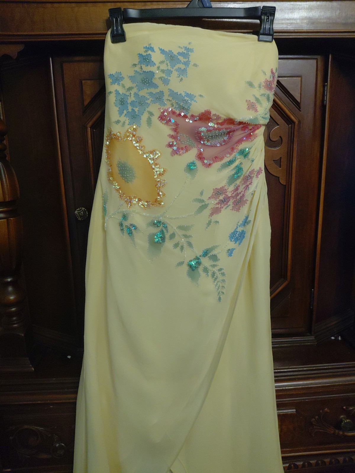 Vintage Cache Yellow Dress Maxi Beaded Floral Gown 2 S Silk Y2K Glam Evening
