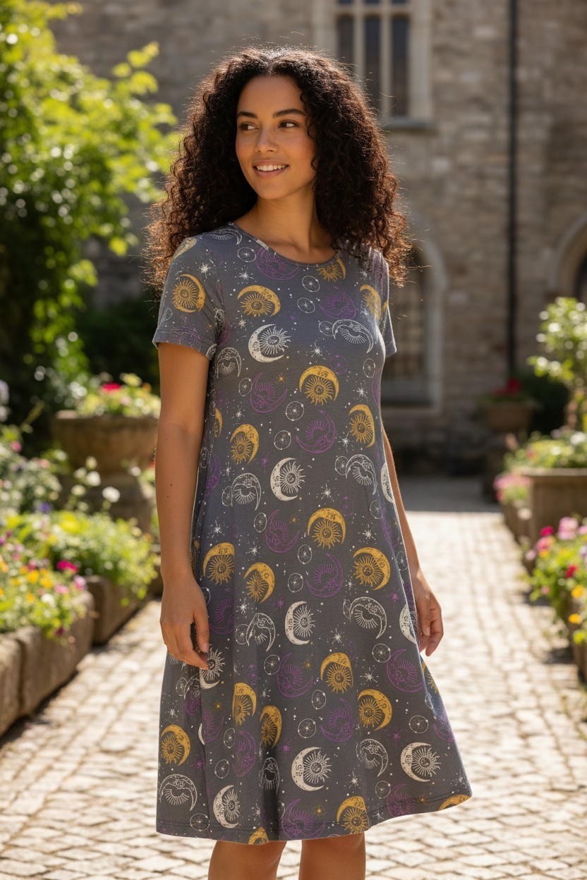 Riley & James Dress Medium Celestial Sun Moon Stars Boho A-Line Swing Stretch