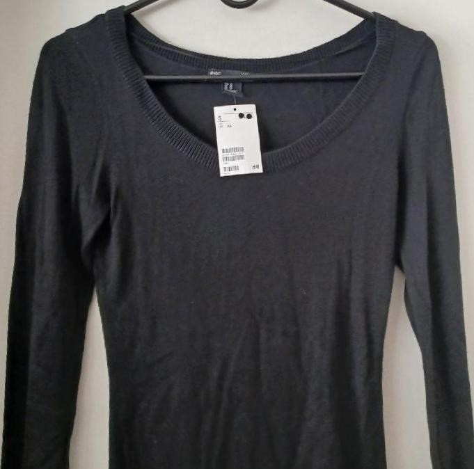 H&M BASIC BLACK KNIT LONG SLEEVE RIBBED BOAT NECK SHEATH DRESS XS BRAND NEW NWT