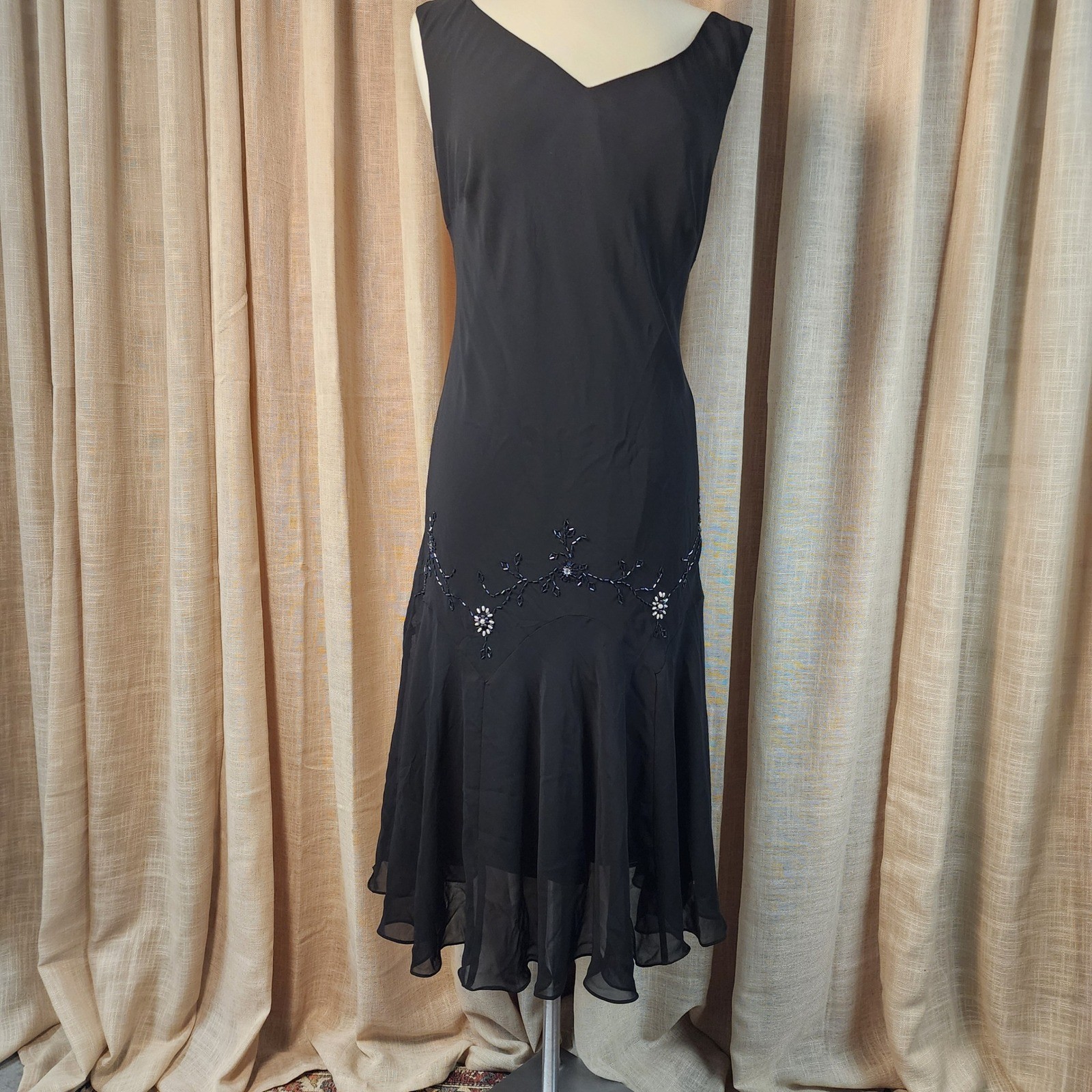 Vintage Black Beaded Handkerchief Hem Midi Dress Size L Sleeveless Chiffon