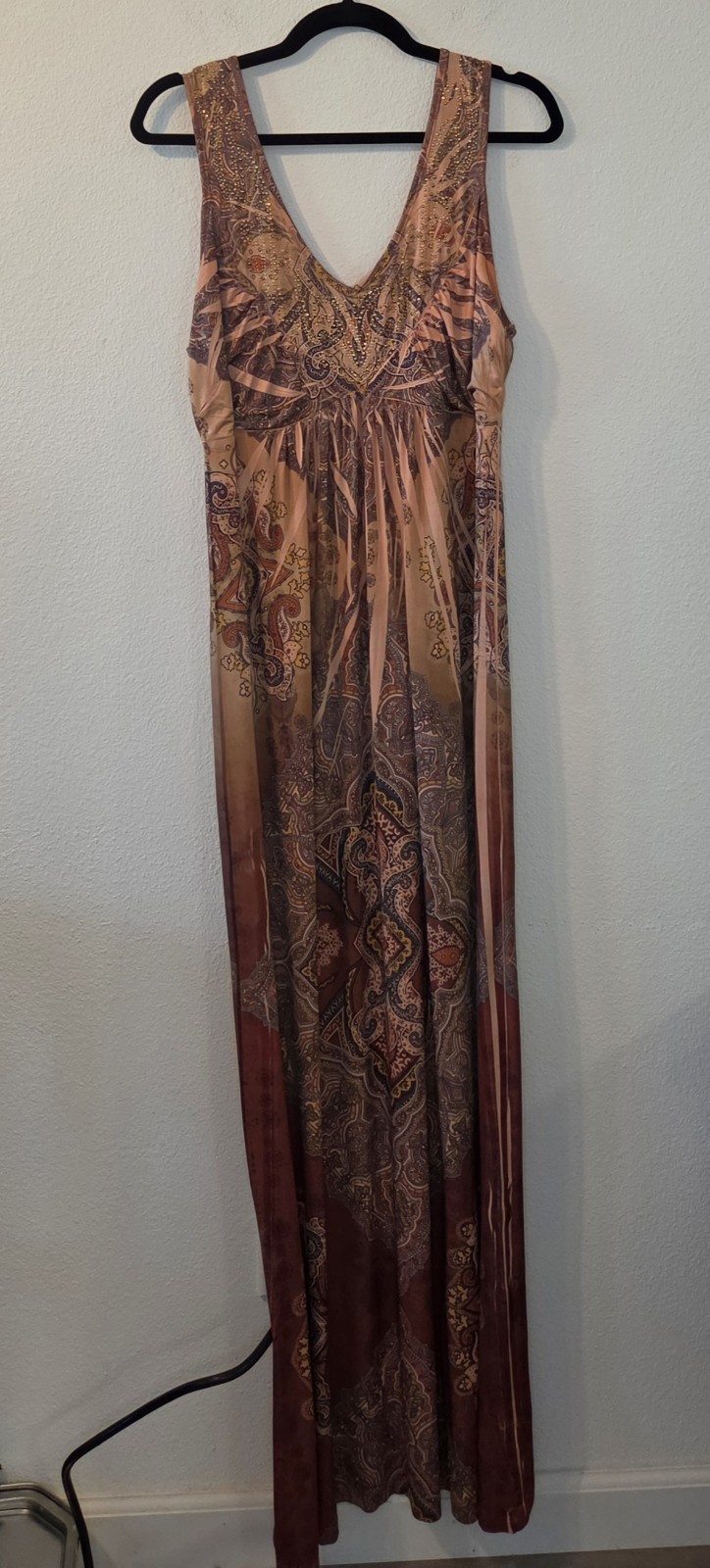 One World Knit Maxi Dress Peach/Brown/Tan Paisley Beaded, Size L