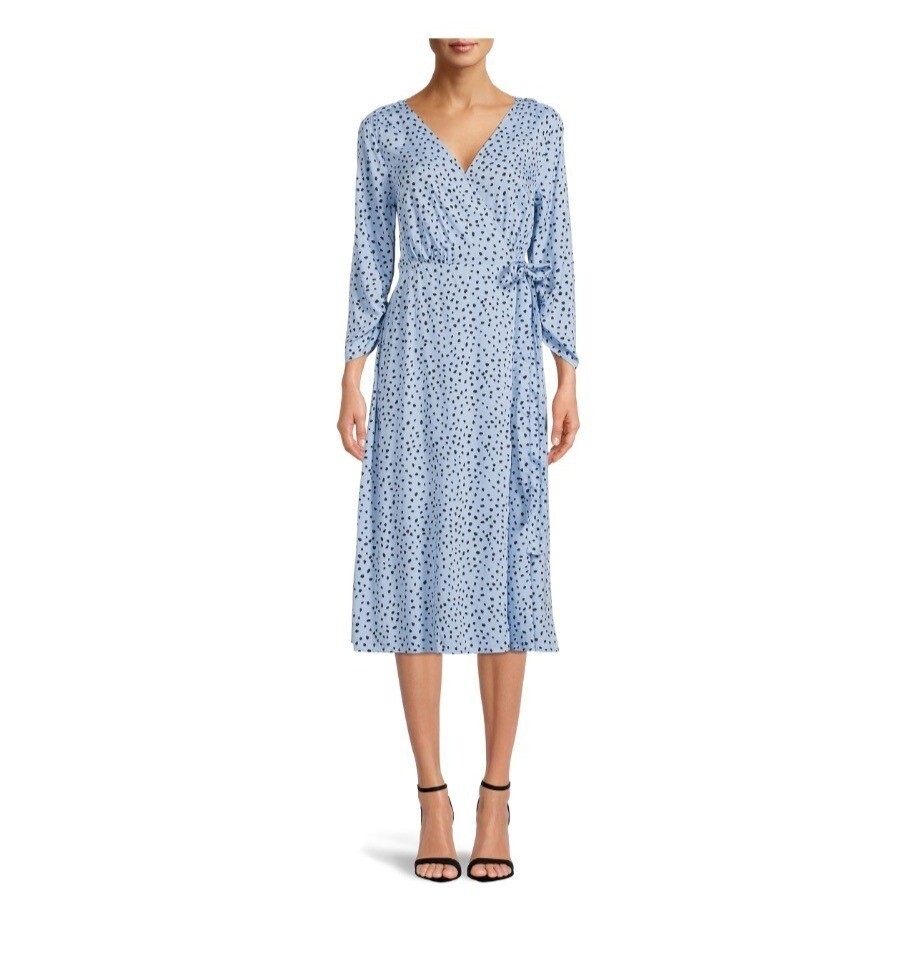 Beach Lunch Lounge Womens Small Blue Print Wrap Midi Dress V-Neck 3/4 Sleeve NWT