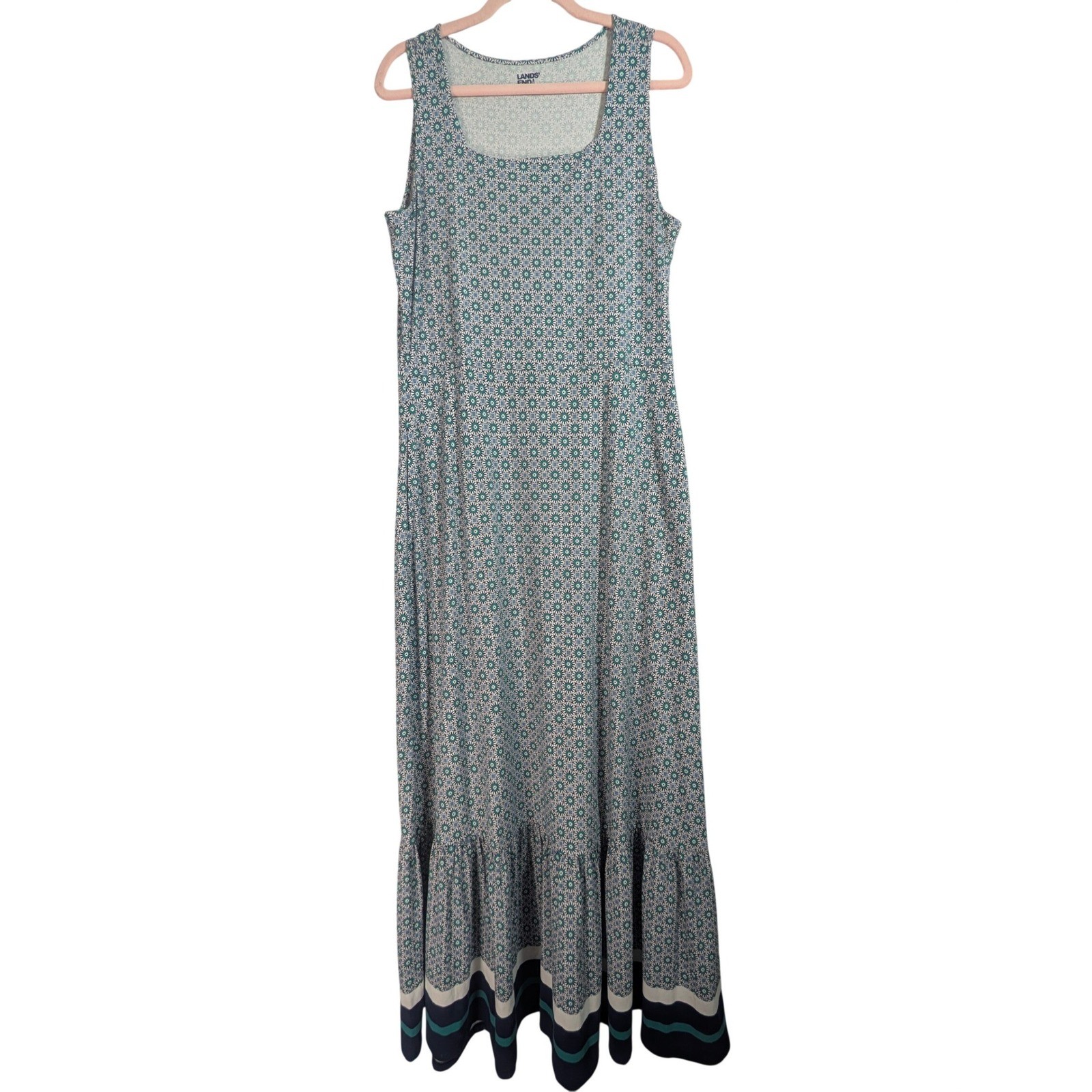 Lands’ End Maxi Dress Women M/T Blue Teal Geometric Floral Ruffle Hem Tall