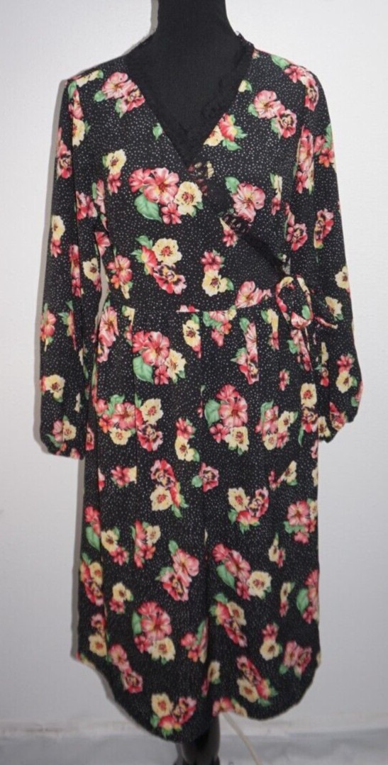 Pat Pat Black Floral Polka Dot Side Tie Wrap Dress Womens Sz M