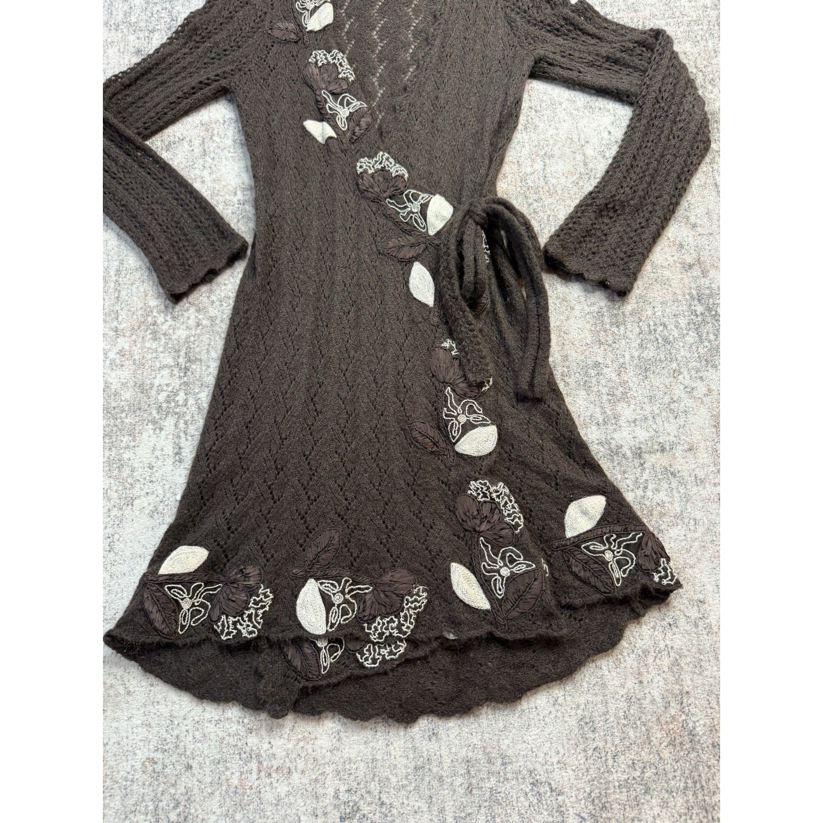 Wrap Longline Cardigan M Wrap Dress Mohair Brown Embroidered Open Knit Boho