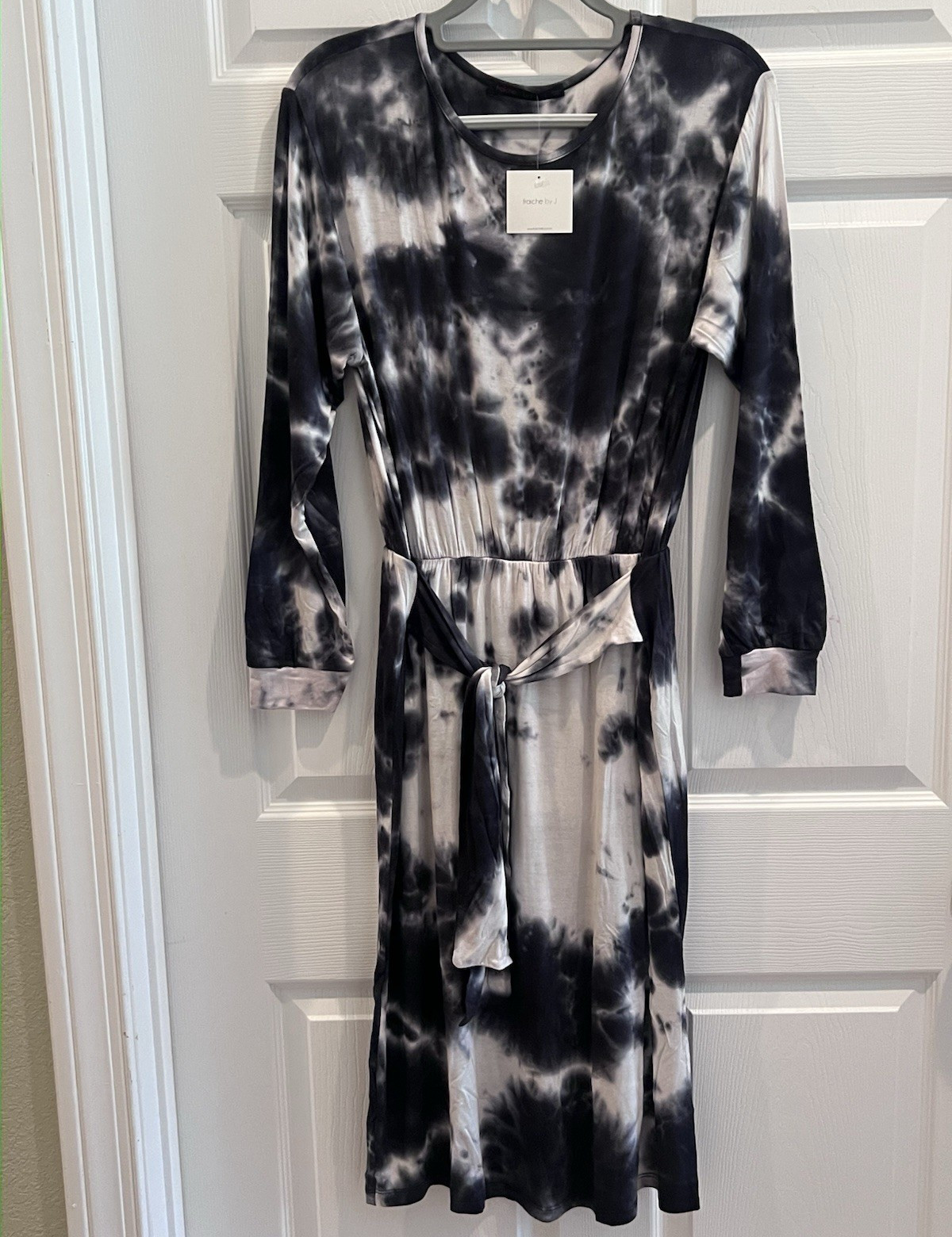 fraiche by J Black/White Tie Dye Knit A-Line Dress Round Neck Long Sleeve L