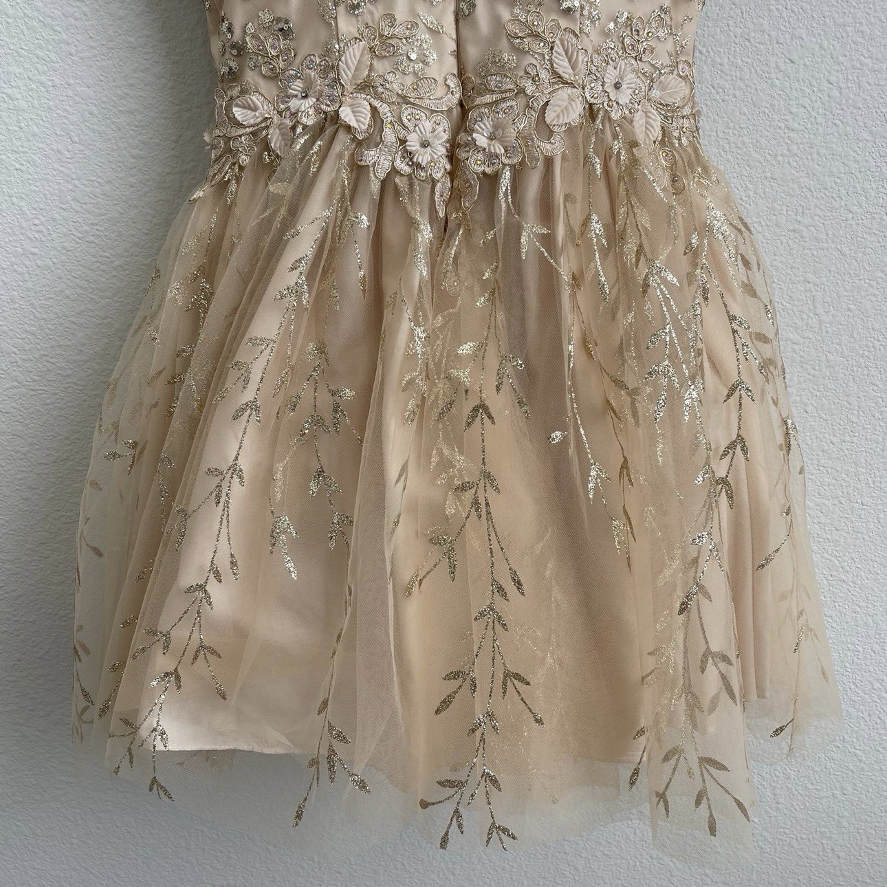 DANCING QUEEN Gold Beige Floral Glitter Tinker Bell Fairy Princess Tulle Dress