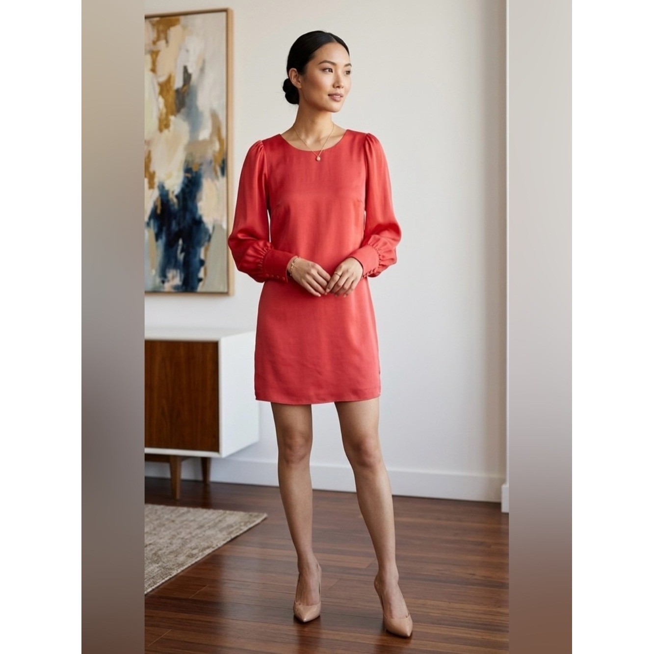 Rory Beca pinkish Red Long Sleeve Mini Dress – Size 4 – Button Cuff Shift