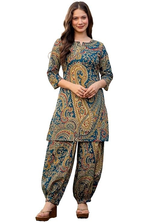 Women Pure Cotton Printed A-Line Kurta Sets with Palazzos| Kurti Set Cord Set
