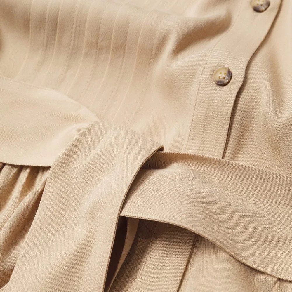 Mango – Beige button down long sleeve pleated tie-waist midi dress – Size 4