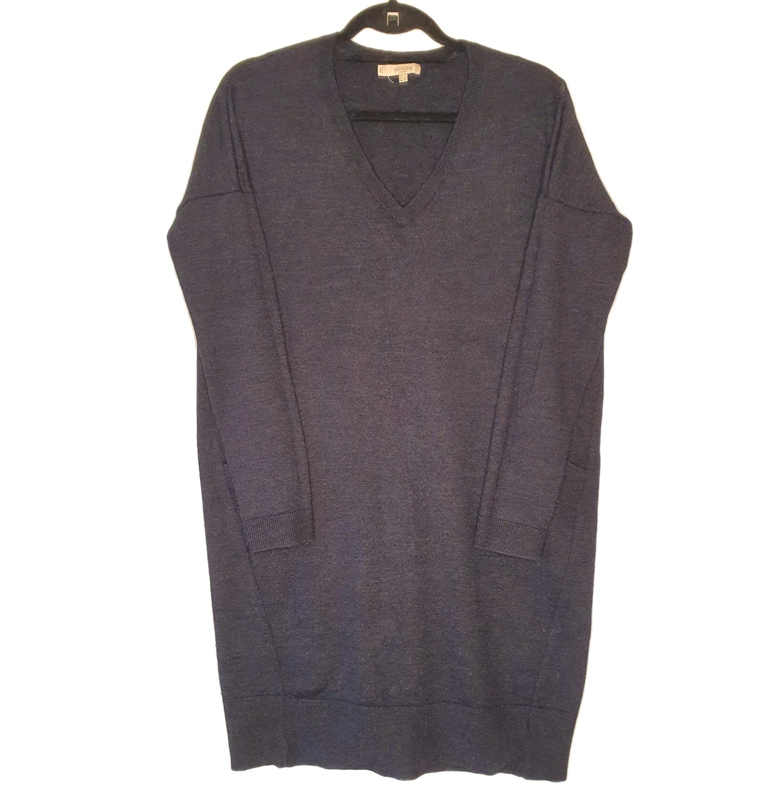 Hobbs Wool Knitted Jumper Dress UK 16 Navy, V Neck Short Length w Pockets