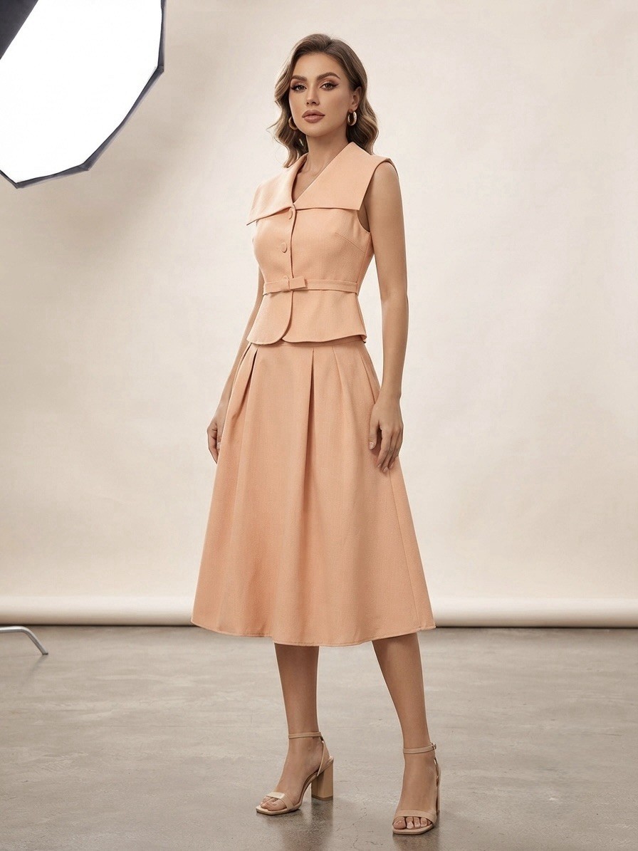 Elegant Peach Peplum Top & Midi Skirt Set | Sophisticated Two-Piece Outfit XS/S