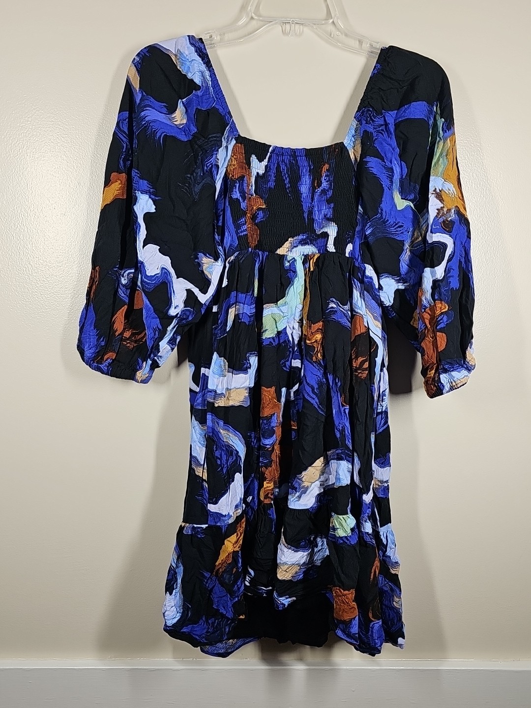 NINE WEST Blue Abstract Print Puff Sleeve Babydoll Lined Dress Size Small