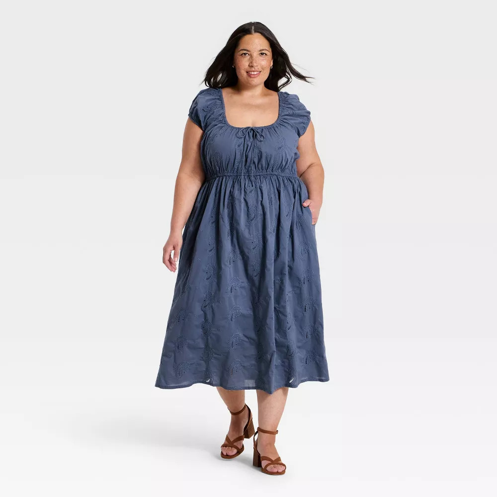 Women Cap Sleeve Eyelet Midi Sundress – Universal Thread Slate Blue XXL