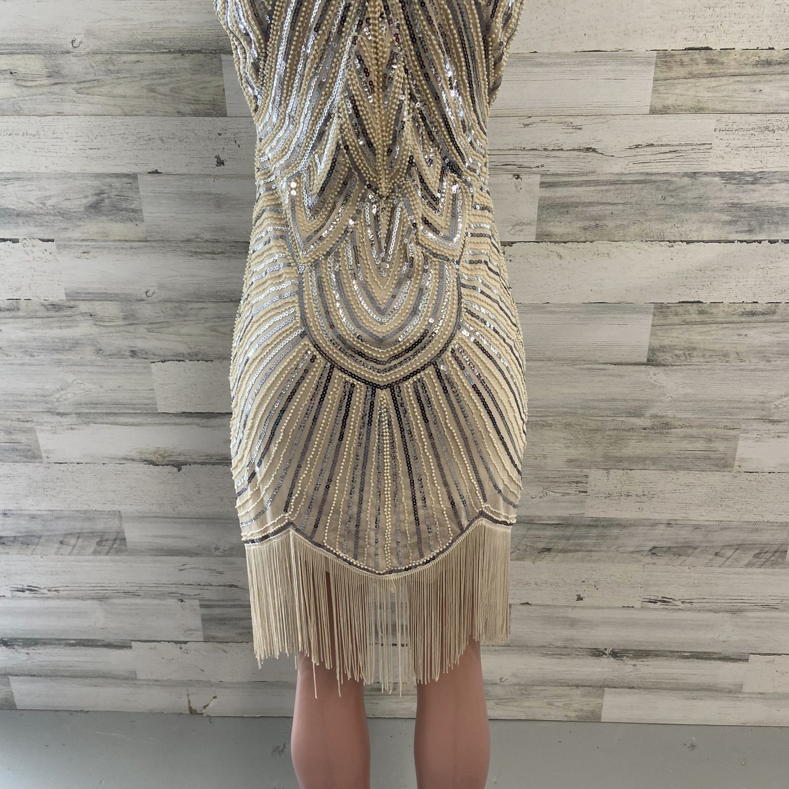 1920s Style Great Gatsby Flapper Dress Champagne Sequin Beaded Fringe Small