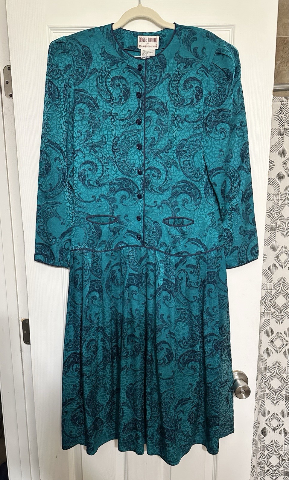 VTG Maggy London Teal Paisley Silk Button Up Drop Waist Midi Secretary Dress 8