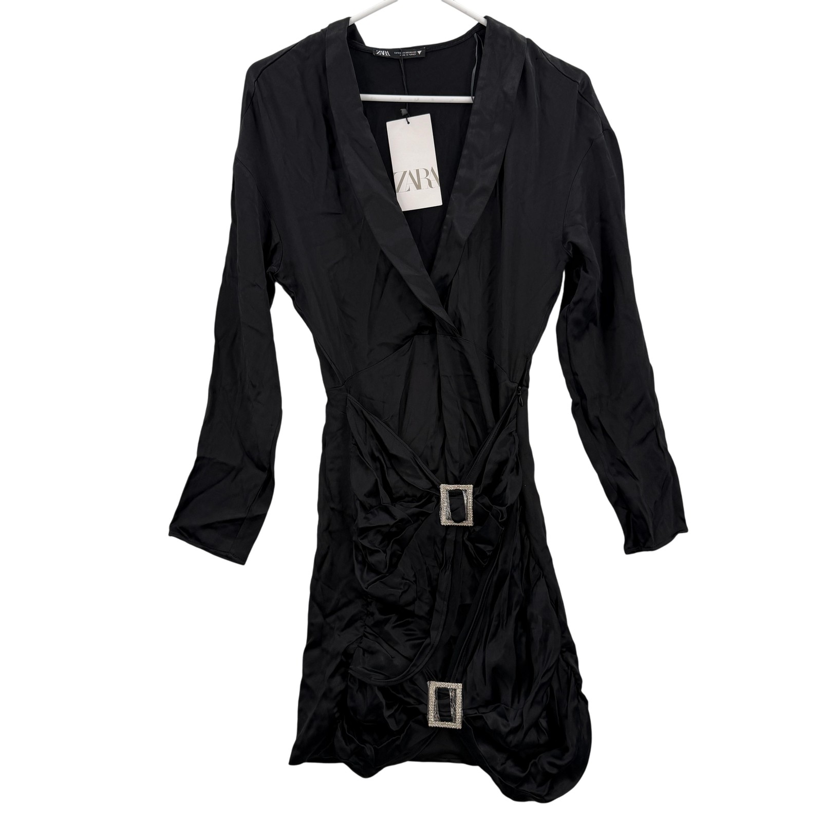Zara Dress Womens XS Black Satin Wrap Rhinestone Buckle Ruched 3067/328/800