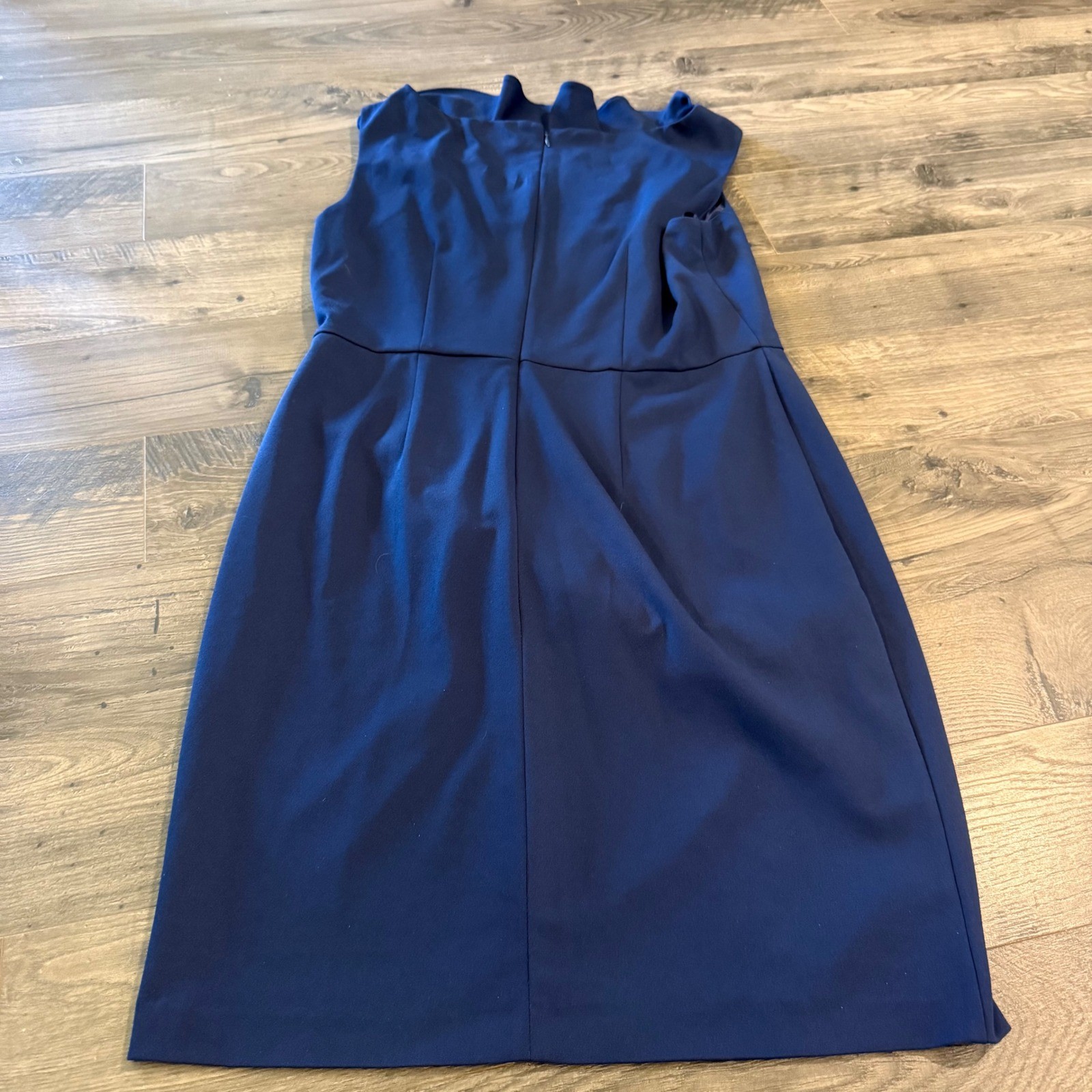 Nine West Navy Blue Ruffle Neck Sleeveless Sheath Dress Size 12 Career Cocktail