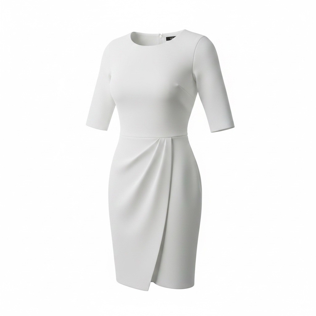 Lulus White Solid Sheath Dress Round Neck Half Sleeve Pleated Knee Length L